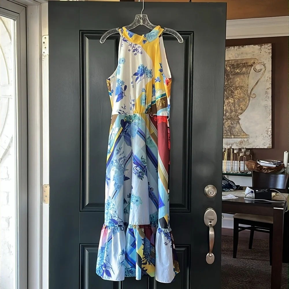 Tahari ASL Blue/Yellow Multi Floral Sleeveless Flounce-Hem Maxi Dress Size 8P - Picture 2 of 16